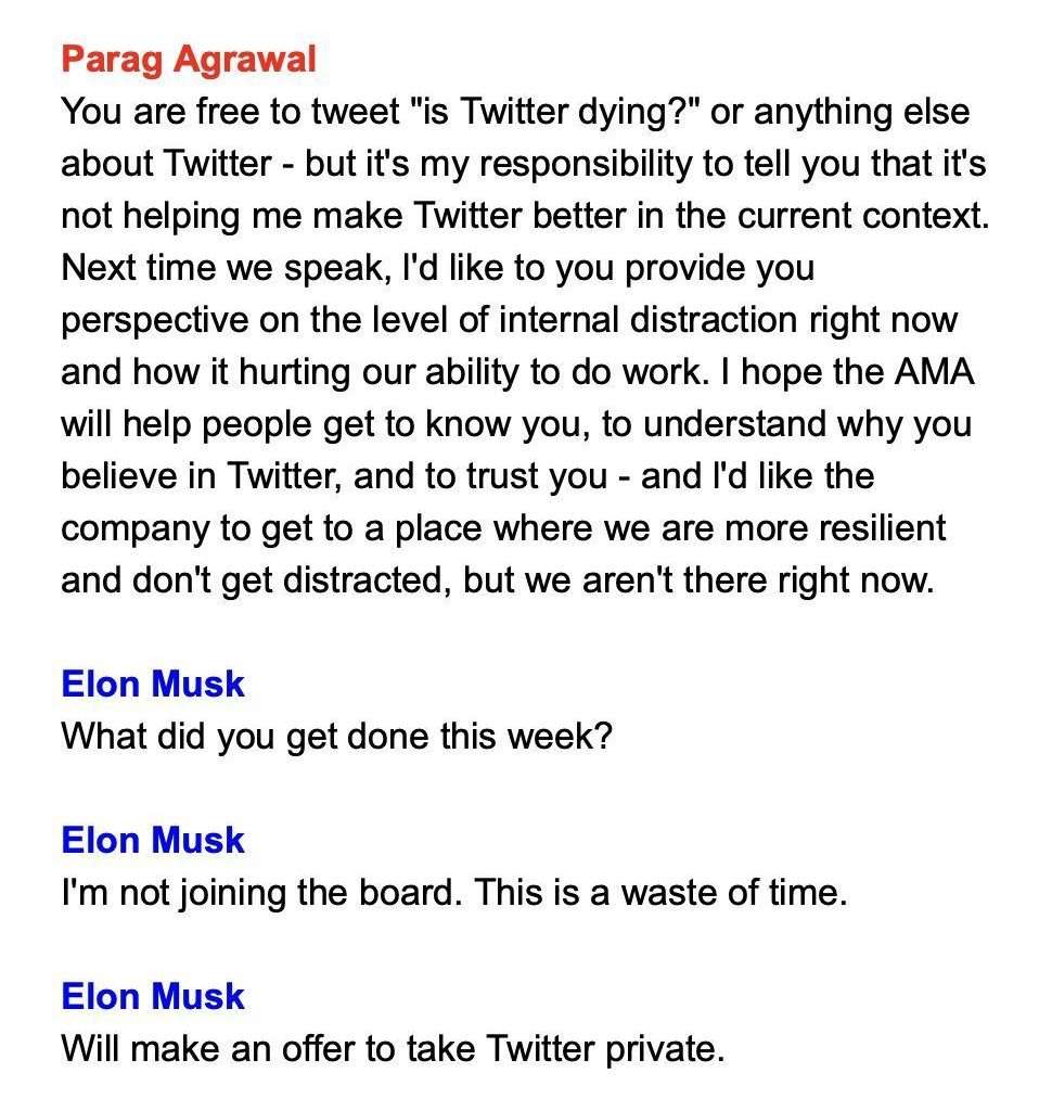 Parag Agrawal (Twitter CEO) messages with Elon Musk