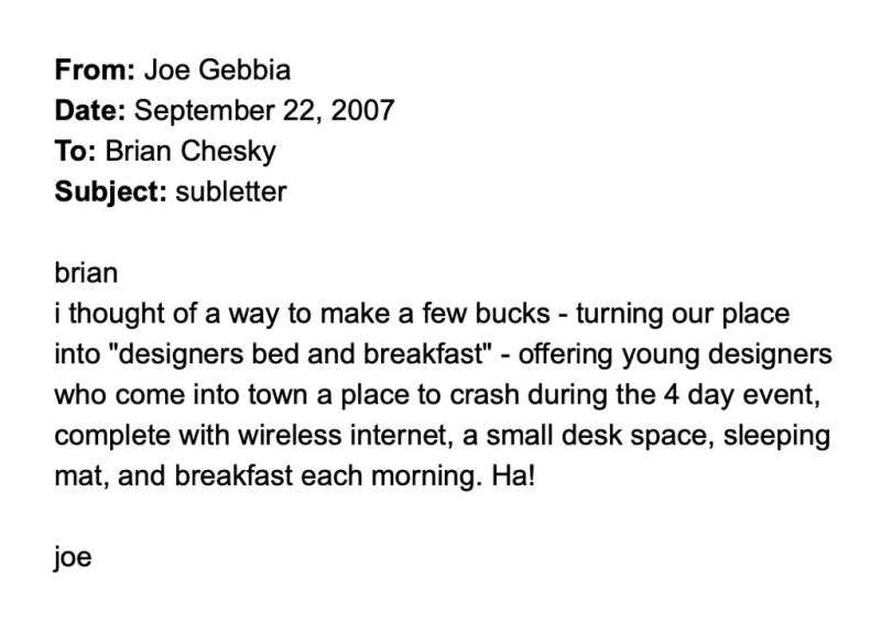 email from Joe Gebbia, 2007